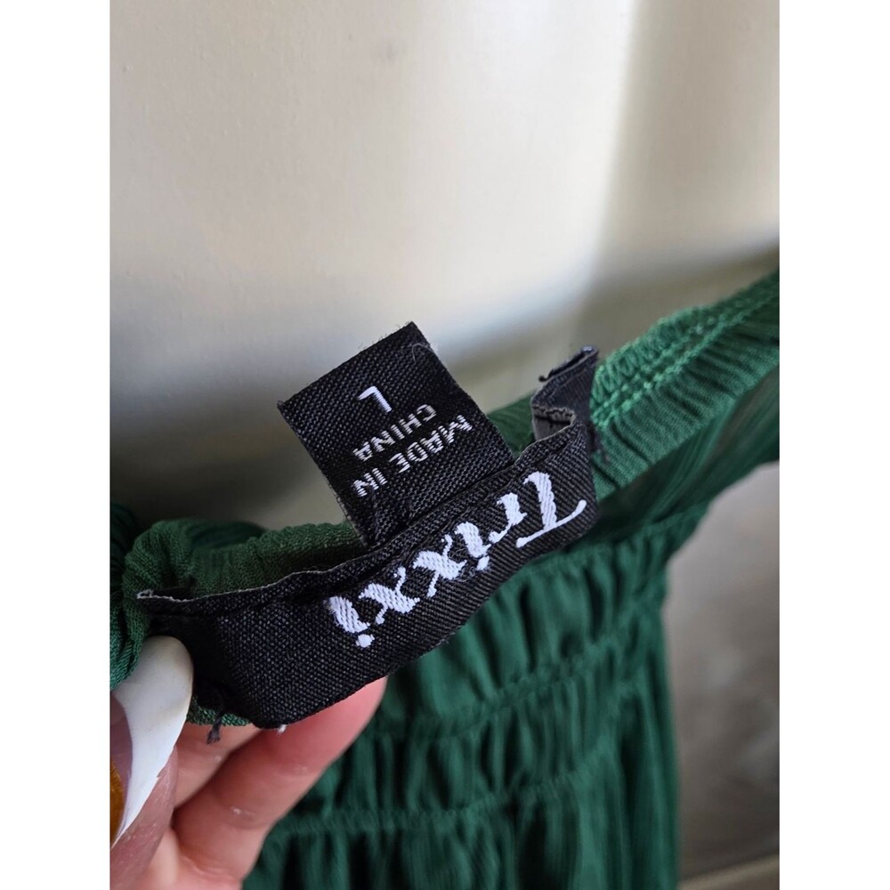 Women's Sleeveless Deep Green V Neck Dress Ruffle Tiered Midi Sz L Babydoll - Picture 9 of 9